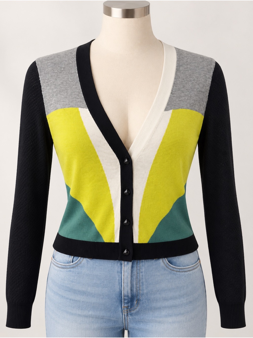 Peter Millar Colorblock V-Neck Cardigan in Black, Gray, Yellow, Teal, Cream